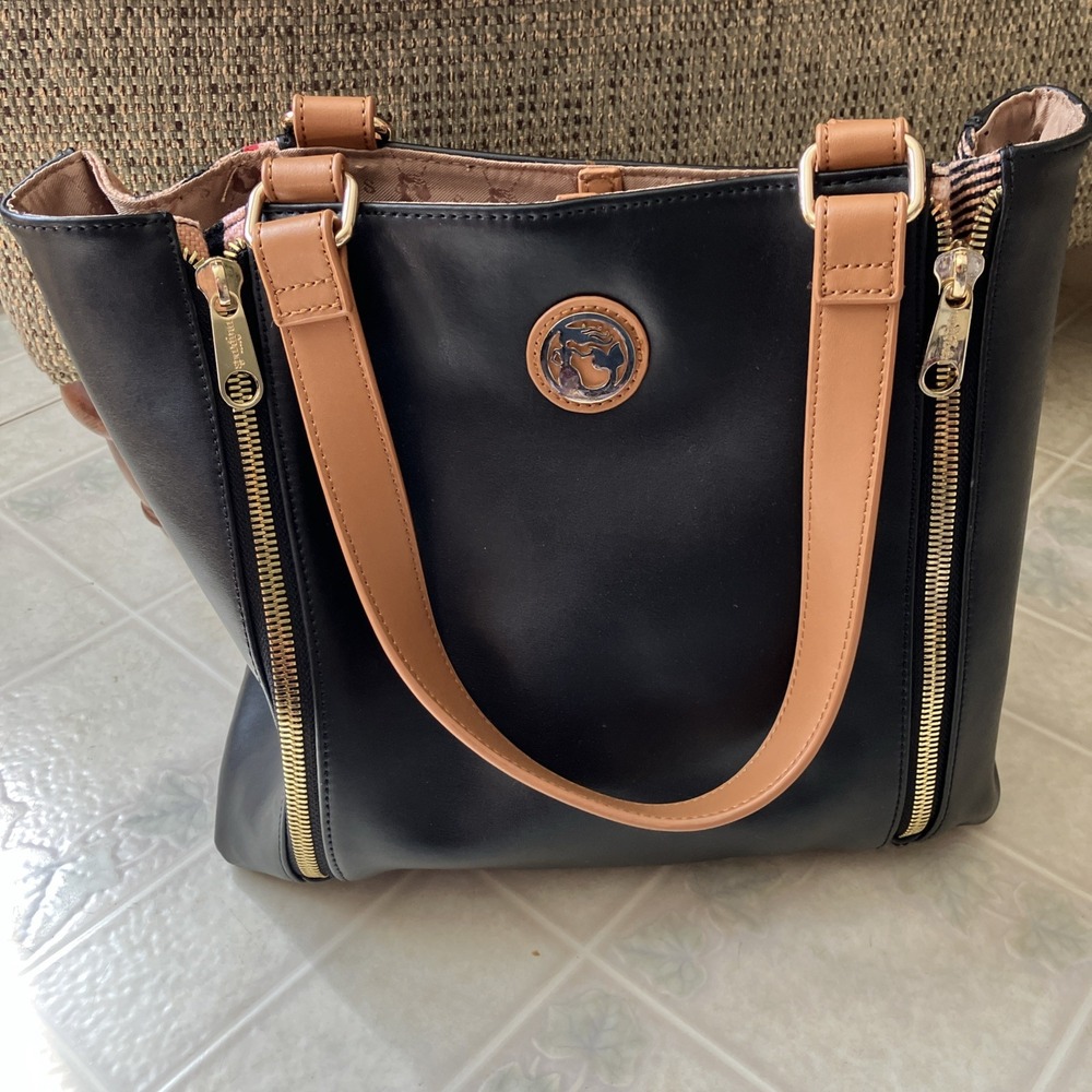 Spartina 449 Black Leather Tote Brown Handles Gold Zippers Plaid Accent 2 handle